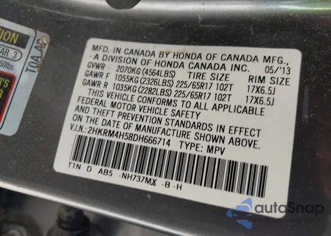 2013 Honda Cr-V Ex z USA, uszkodzony, nr VIN 2HKRM4H58DH666714